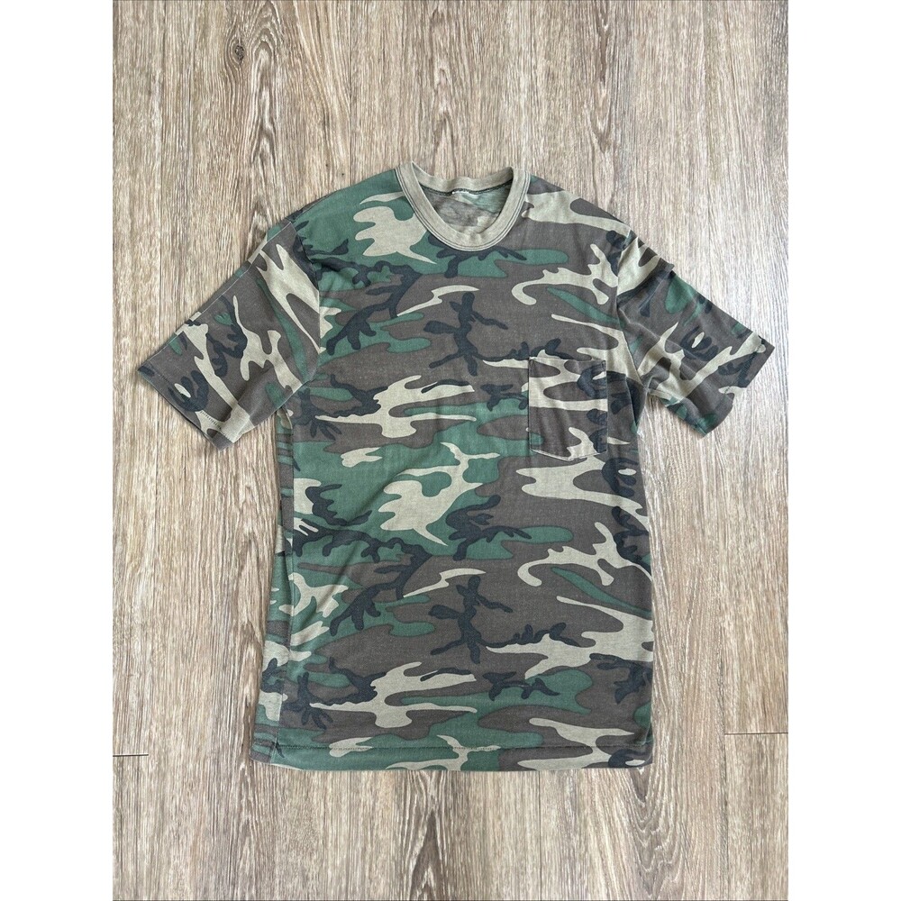Vtg 80s Camouflage Military Paper Thin Pocket T Shirt M Woodland Camo Ss